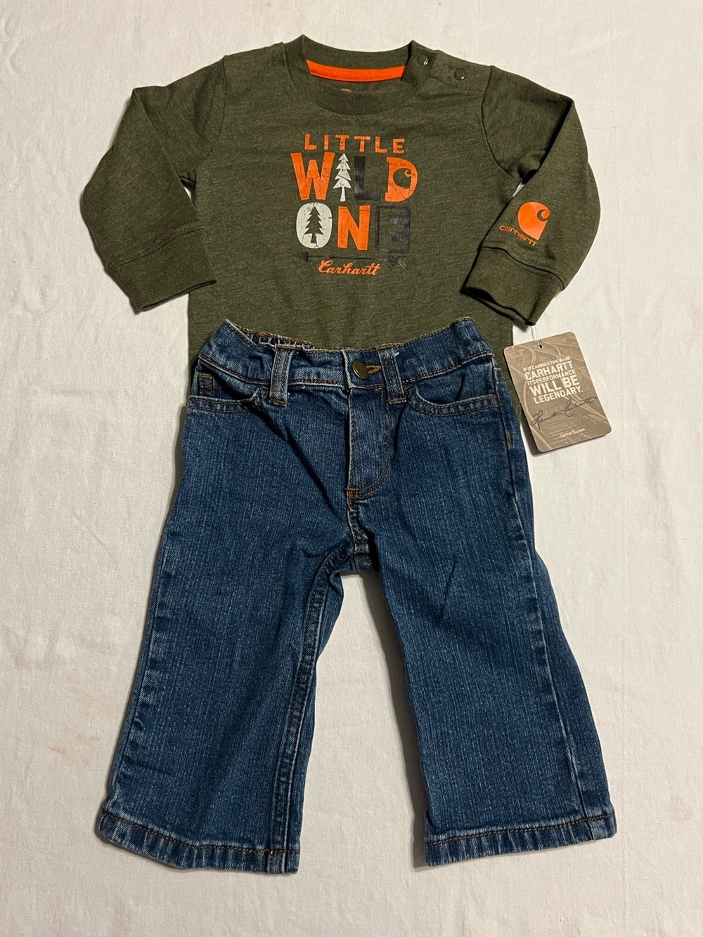 Carhartt Olive Green Top with Orange Graphic & Blue Denim Pants